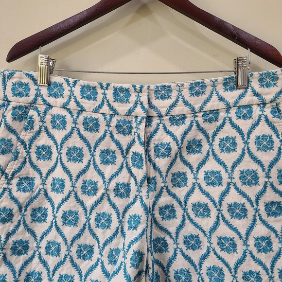 Loft Womens The Riviera Short Size 10 Woven Embroidered Floral Blue Tan Linen - Picture 2 of 10